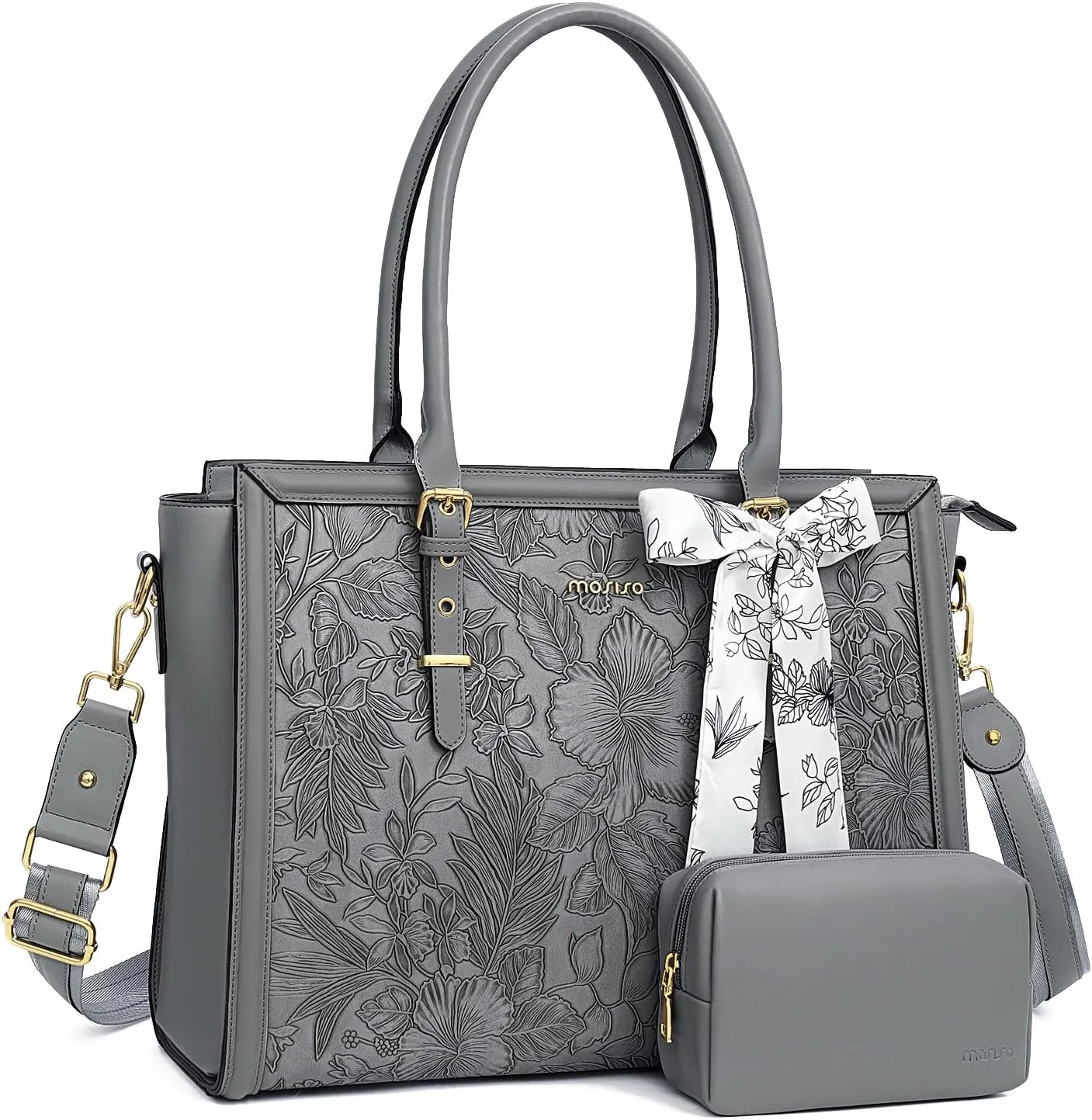 MOSISO Laptop Tote for Women, 17-17.3 inch PU Leather Compatible with MacBook, HP, Dell, Asus Notebook, Front Embossed Retro Hibiscus Computer Bag with Silk Scarf&Clutch Purse, Gray
