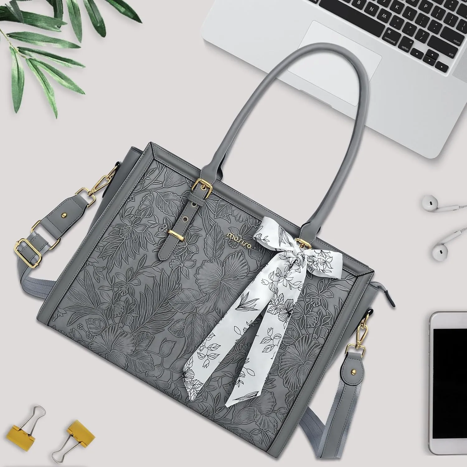 MOSISO Laptop Tote for Women, 17-17.3 inch PU Leather Compatible with MacBook, HP, Dell, Asus Notebook, Front Embossed Retro Hibiscus Computer Bag with Silk Scarf&Clutch Purse, Gray