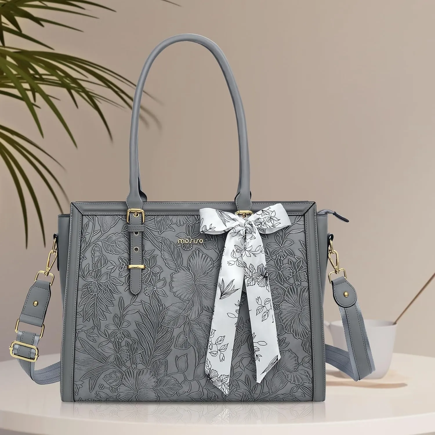 MOSISO Laptop Tote for Women, 17-17.3 inch PU Leather Compatible with MacBook, HP, Dell, Asus Notebook, Front Embossed Retro Hibiscus Computer Bag with Silk Scarf&Clutch Purse, Gray