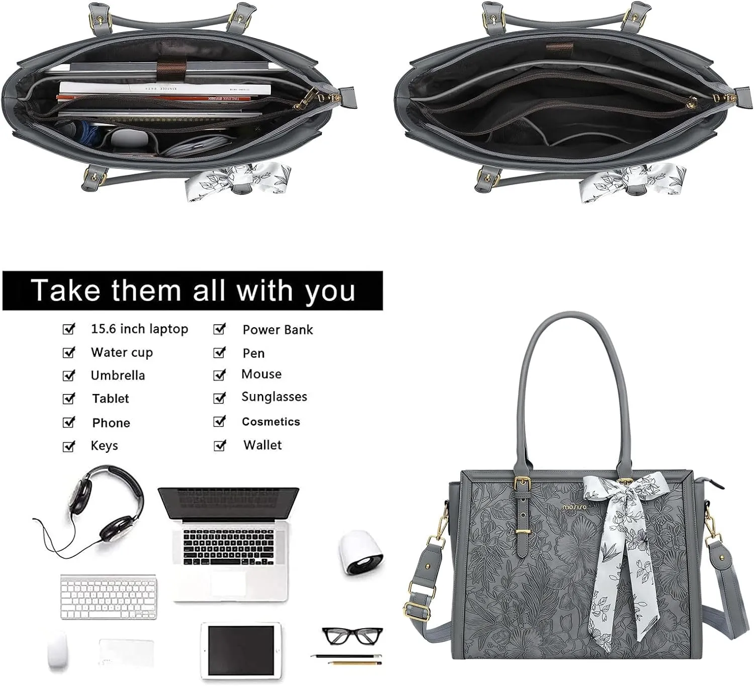 MOSISO Laptop Tote for Women, 17-17.3 inch PU Leather Compatible with MacBook, HP, Dell, Asus Notebook, Front Embossed Retro Hibiscus Computer Bag with Silk Scarf&Clutch Purse, Gray