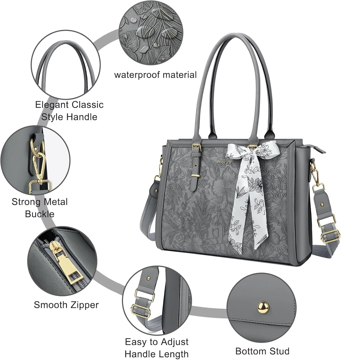 MOSISO Laptop Tote for Women, 17-17.3 inch PU Leather Compatible with MacBook, HP, Dell, Asus Notebook, Front Embossed Retro Hibiscus Computer Bag with Silk Scarf&Clutch Purse, Gray