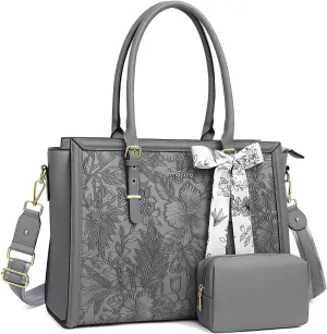 MOSISO Laptop Tote for Women, 17-17.3 inch PU Leather Compatible with MacBook, HP, Dell, Asus Notebook, Front Embossed Retro Hibiscus Computer Bag with Silk Scarf&Clutch Purse, Gray