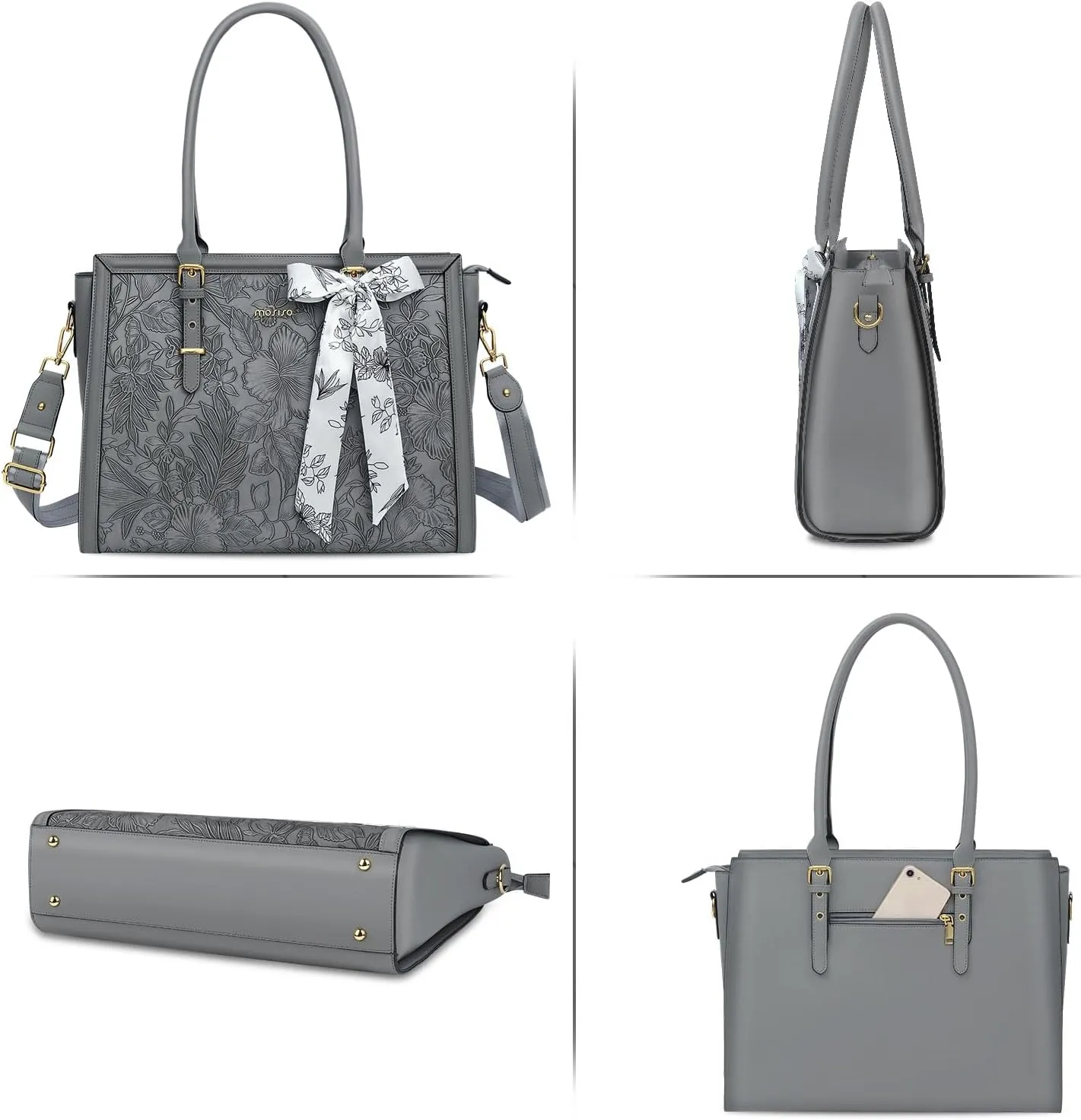 MOSISO Laptop Tote for Women, 17-17.3 inch PU Leather Compatible with MacBook, HP, Dell, Asus Notebook, Front Embossed Retro Hibiscus Computer Bag with Silk Scarf&Clutch Purse, Gray