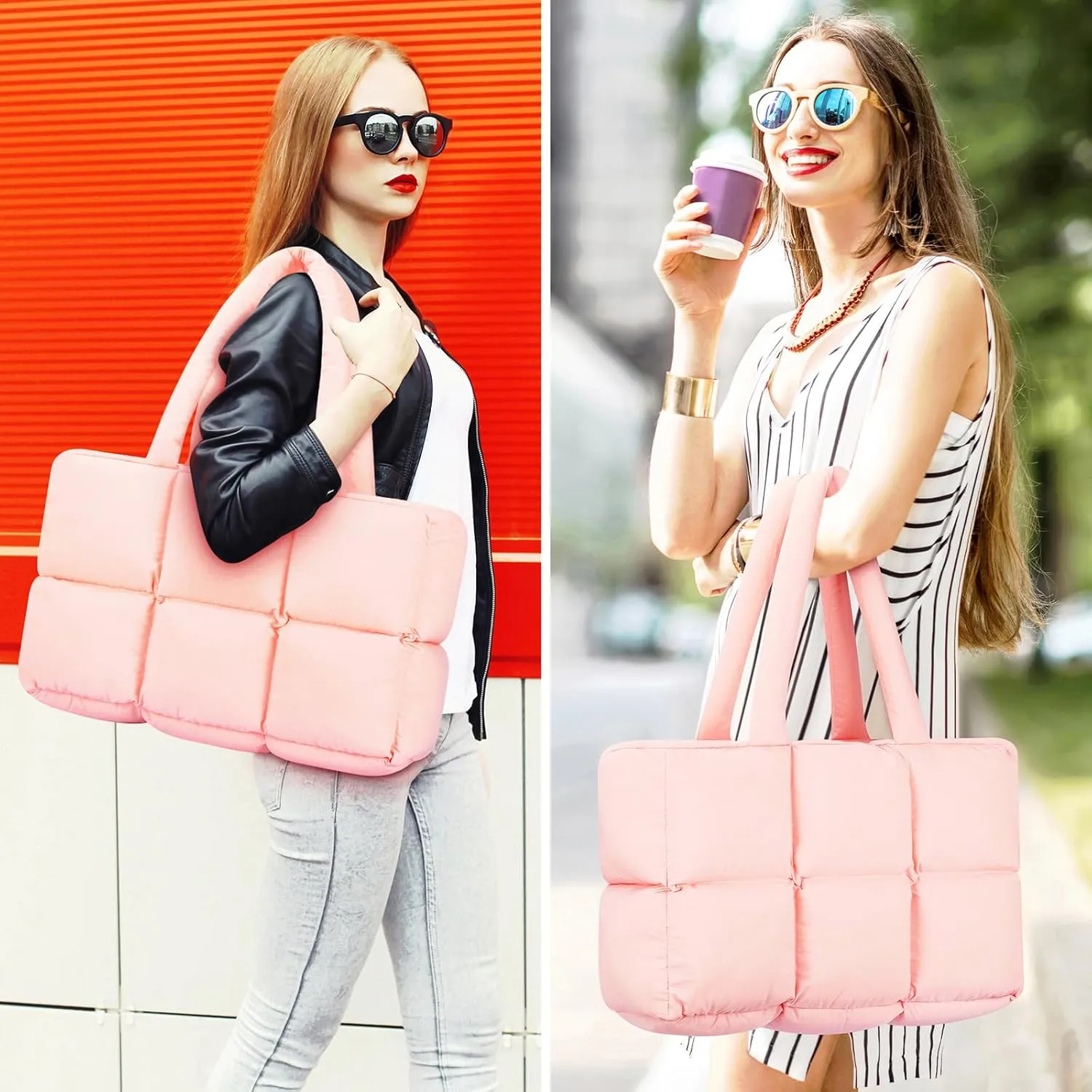 Mossio Travel Puffer Tote Bag for Women - Large Quilted Shoulder Bag Handbag Puffy Weekender Overnight Bag for Shop Work Gym