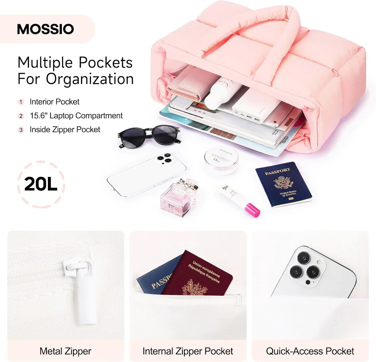 Mossio Travel Puffer Tote Bag for Women - Large Quilted Shoulder Bag Handbag Puffy Weekender Overnight Bag for Shop Work Gym