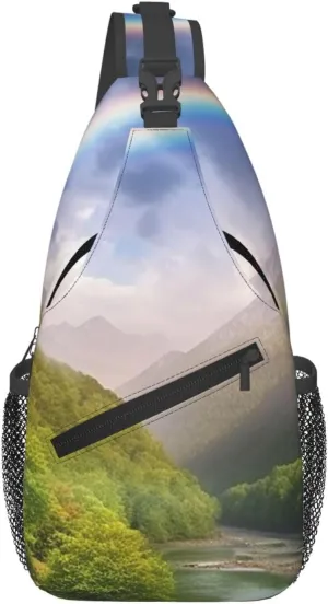 Mountain Valley with Rainbow Sling Bag for Men Women Crossbody Chest Bag Sling Backpack Travel Hiking Daypack Outdoor