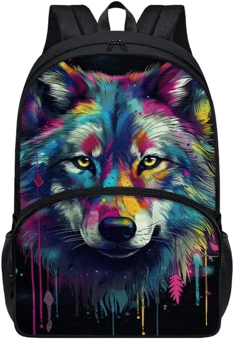 Multi-Colour Wolf College School Bookbag 17in 600D Polyester Bag Colorful Wolves Splash Backpacks Casual Backpack Lightweight Canvas Daykpack Backpacks Women Men, Black