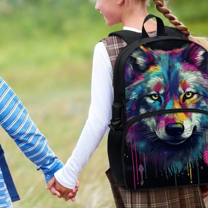 Multi-Colour Wolf College School Bookbag 17in 600D Polyester Bag Colorful Wolves Splash Backpacks Casual Backpack Lightweight Canvas Daykpack Backpacks Women Men, Black