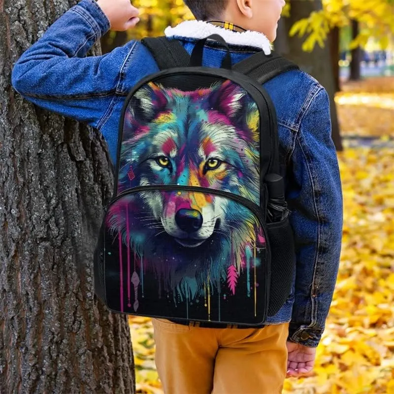 Multi-Colour Wolf College School Bookbag 17in 600D Polyester Bag Colorful Wolves Splash Backpacks Casual Backpack Lightweight Canvas Daykpack Backpacks Women Men, Black