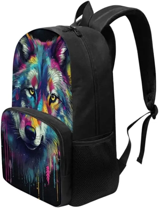 Multi-Colour Wolf College School Bookbag 17in 600D Polyester Bag Colorful Wolves Splash Backpacks Casual Backpack Lightweight Canvas Daykpack Backpacks Women Men, Black
