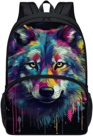 Multi-Colour Wolf College School Bookbag 17in 600D Polyester Bag Colorful Wolves Splash Backpacks Casual Backpack Lightweight Canvas Daykpack Backpacks Women Men, Black