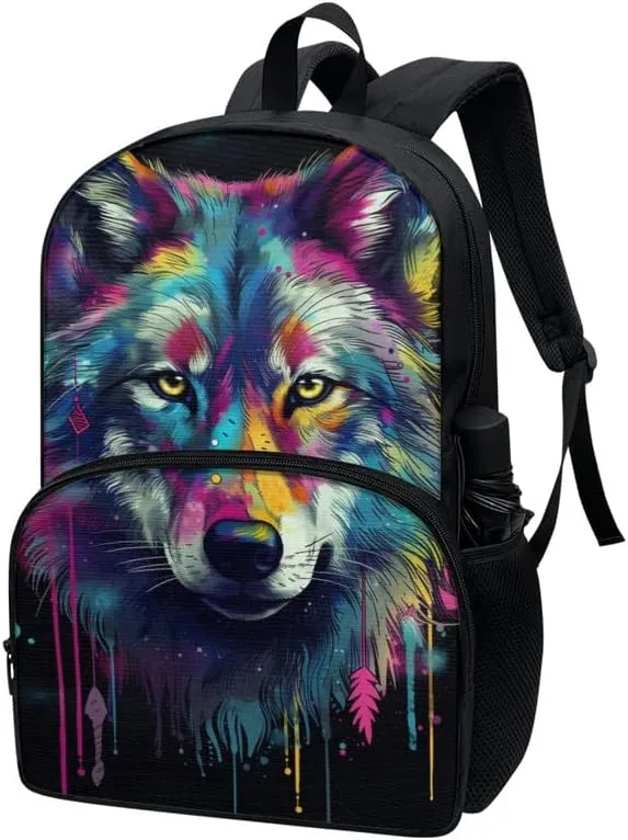 Multi-Colour Wolf College School Bookbag 17in 600D Polyester Bag Colorful Wolves Splash Backpacks Casual Backpack Lightweight Canvas Daykpack Backpacks Women Men, Black