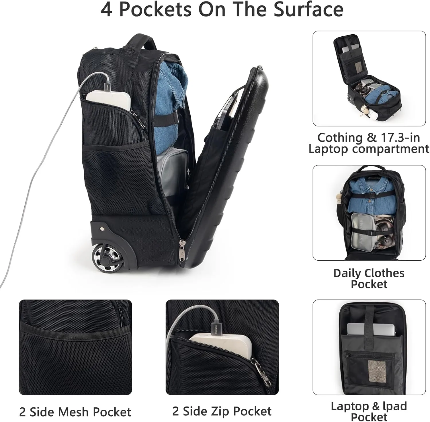 Multi-Useful Carry-On Luggage Fit 17.3 Inch Laptop airline approved with Wheels，Travel suitcase backpack with wheels that can be pulled and carried for Overnight bag and Business，19Inch
