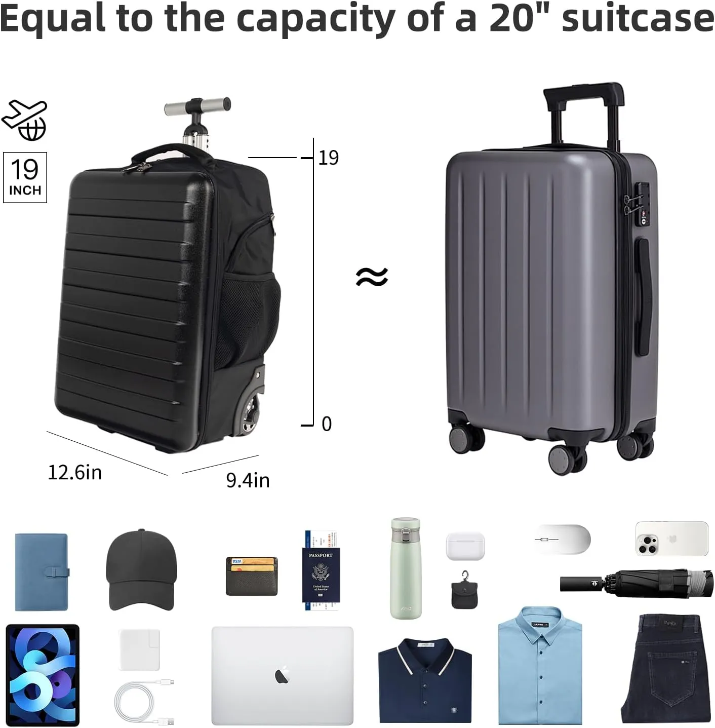 Multi-Useful Carry-On Luggage Fit 17.3 Inch Laptop airline approved with Wheels，Travel suitcase backpack with wheels that can be pulled and carried for Overnight bag and Business，19Inch