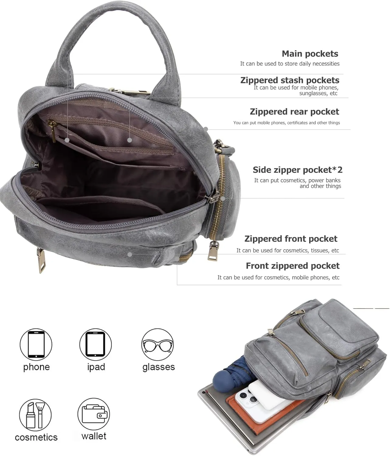 myfriday Vintage Backpack Purse for Women Ladies Leather Sling Backpack Purse Designer Convertible Travel Backpack (Grey)