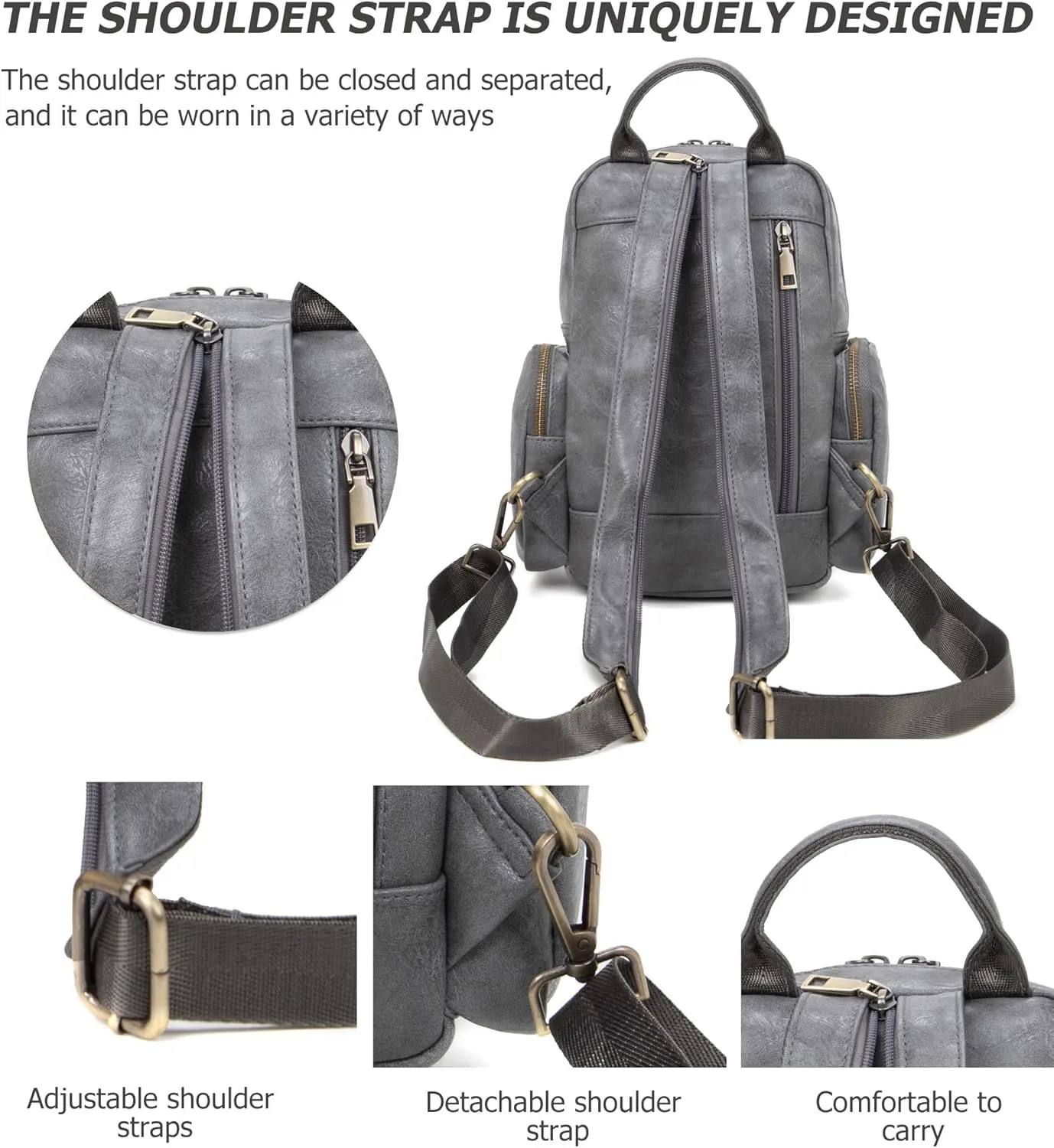 myfriday Vintage Backpack Purse for Women Ladies Leather Sling Backpack Purse Designer Convertible Travel Backpack (Grey)
