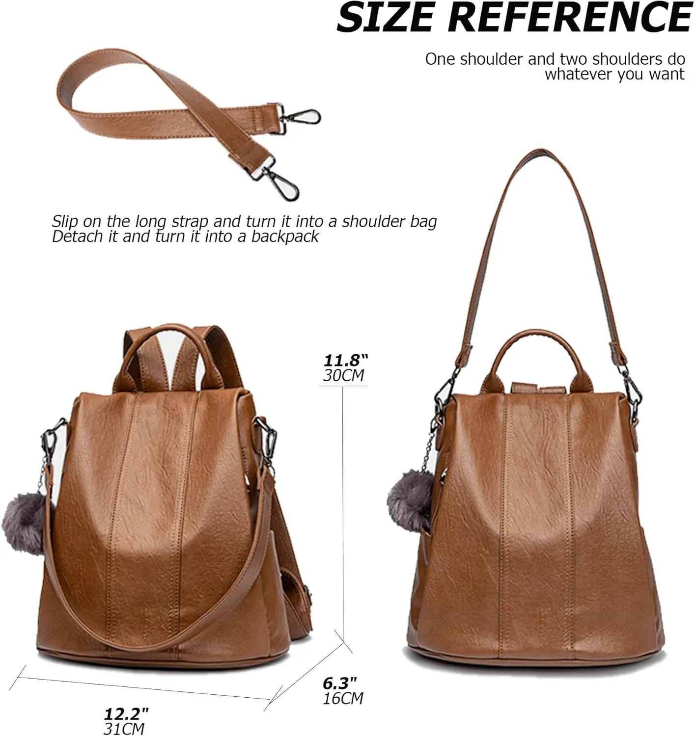 myfriday Vintage Leather Backpack for Women, Soft Rucksack Backpack with Anti-Theft Pocket Convertible Shoulder Handbag (Brown)