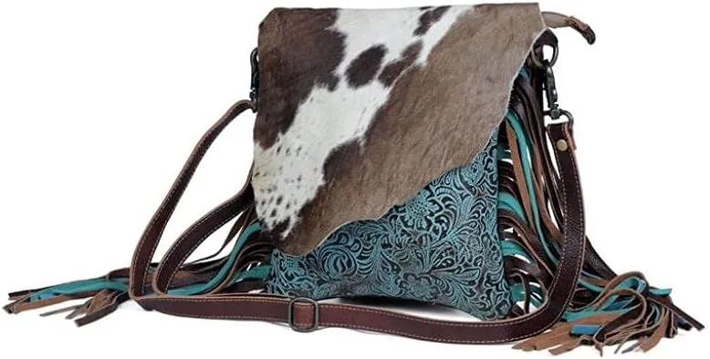 Myra Bag Cobal Blue Conceal Carry Cow print tooled leather fringe bag S-3345