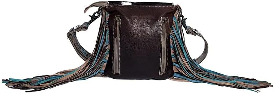 Myra Bag Cobal Blue Conceal Carry Cow print tooled leather fringe bag S-3345