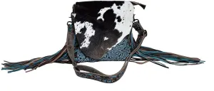 Myra Bag Cobal Blue Conceal Carry Cow print tooled leather fringe bag S-3345