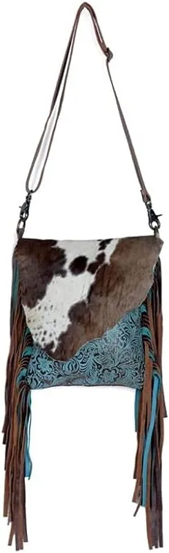 Myra Bag Cobal Blue Conceal Carry Cow print tooled leather fringe bag S-3345