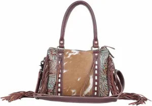 Myra Bag Maia Cowhide Purse - Western Style Hobo Handbag for Women with Azure, Brown & White Cowhide Design, Floral Tooled Accents and Fringes