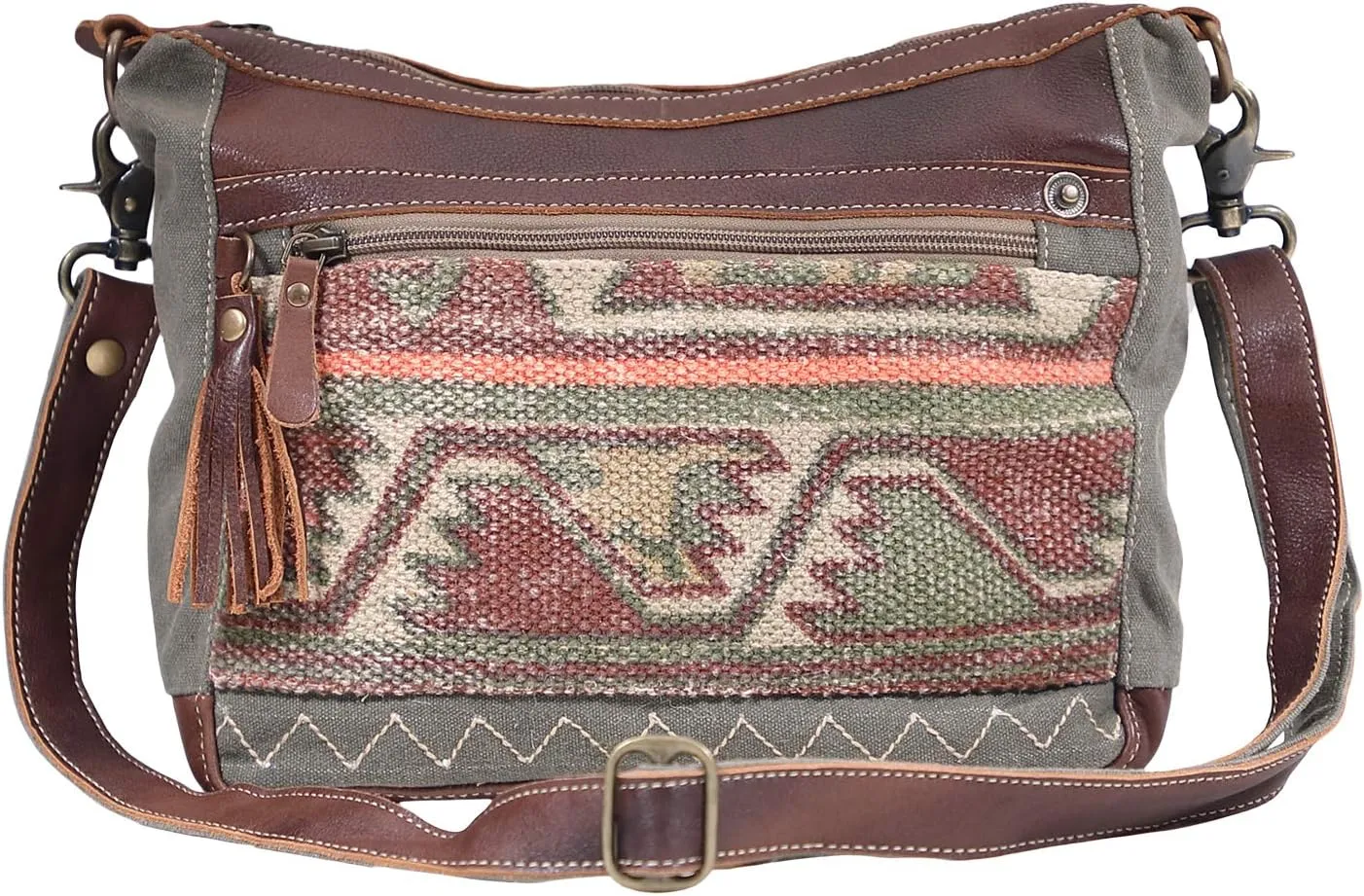 Myra womens Bag Luguni Upcycled Canvas & Leather Shoulder Bag S-1610, Brown, Green, Orange, One Size,