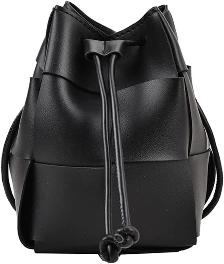 MYSNKU Women's Mini Woven Bucket Bag, Square Lattice Drawstring Leather Small Hobo Handbag Crossbody Handbags Soft Adjustable (Black)