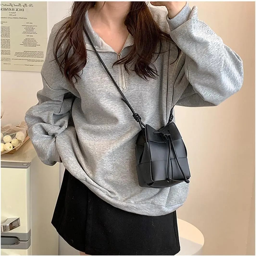 MYSNKU Women's Mini Woven Bucket Bag, Square Lattice Drawstring Leather Small Hobo Handbag Crossbody Handbags Soft Adjustable (Black)