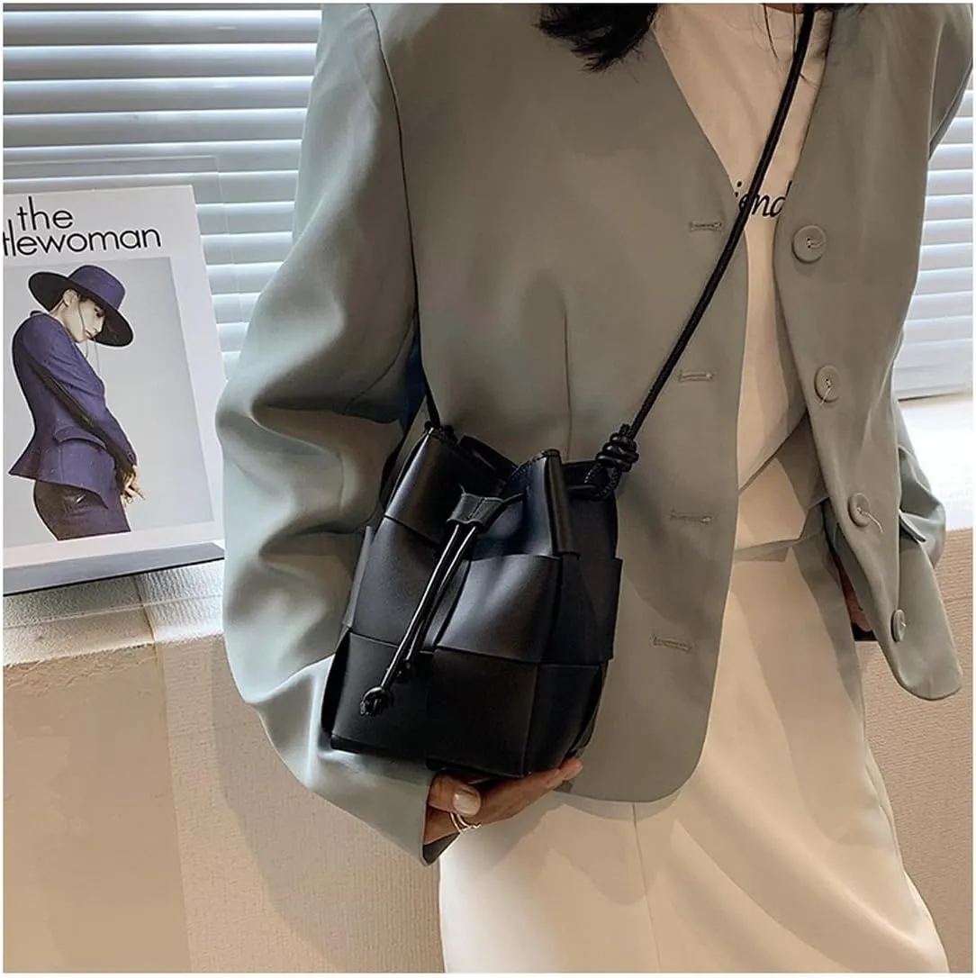 MYSNKU Women's Mini Woven Bucket Bag, Square Lattice Drawstring Leather Small Hobo Handbag Crossbody Handbags Soft Adjustable (Black)