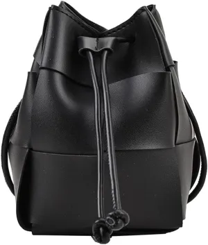 MYSNKU Women's Mini Woven Bucket Bag, Square Lattice Drawstring Leather Small Hobo Handbag Crossbody Handbags Soft Adjustable (Black)