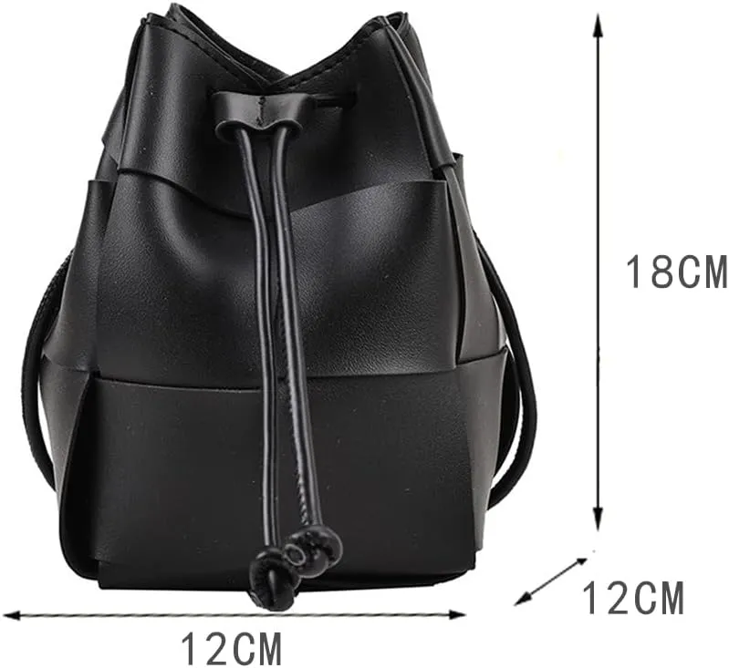 MYSNKU Women's Mini Woven Bucket Bag, Square Lattice Drawstring Leather Small Hobo Handbag Crossbody Handbags Soft Adjustable (Black)