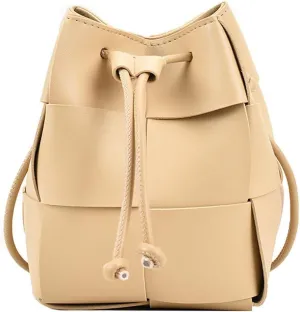 MYSNKU Women's Mini Woven Bucket Bag, Square Lattice Drawstring Leather Small Hobo Handbag Crossbody Handbags Soft Adjustable (Khaki)