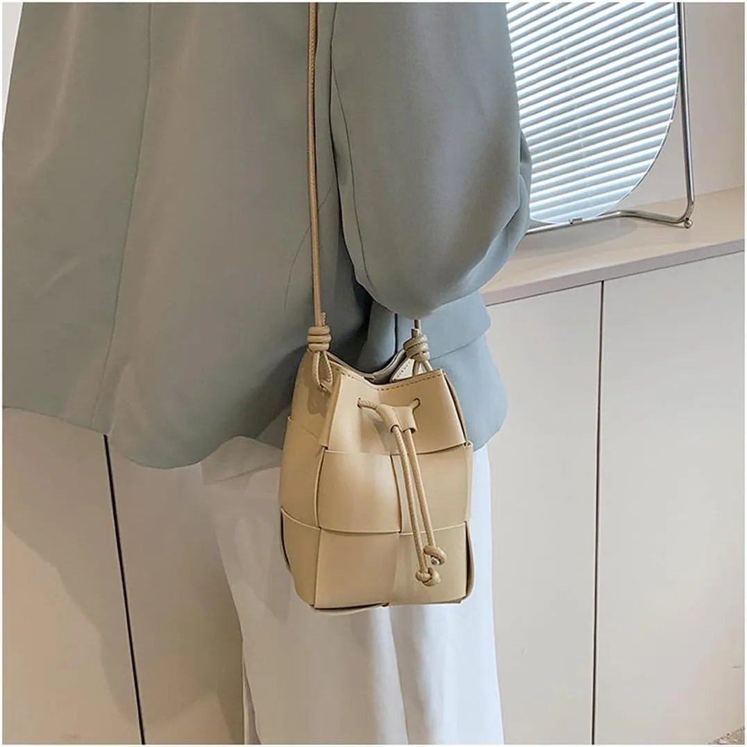 MYSNKU Women's Mini Woven Bucket Bag, Square Lattice Drawstring Leather Small Hobo Handbag Crossbody Handbags Soft Adjustable (Khaki)