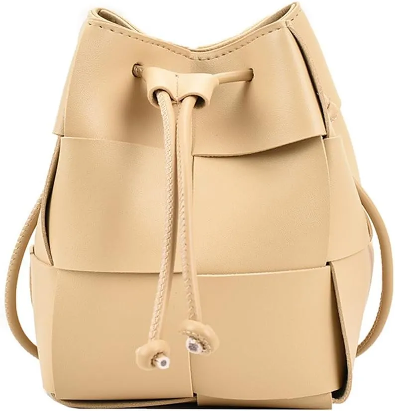 MYSNKU Women's Mini Woven Bucket Bag, Square Lattice Drawstring Leather Small Hobo Handbag Crossbody Handbags Soft Adjustable (Khaki)