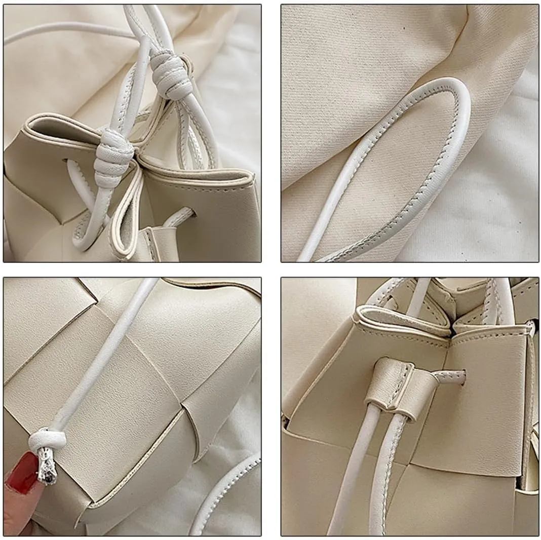 MYSNKU Women's Mini Woven Bucket Bag, Square Lattice Drawstring Leather Small Hobo Handbag Crossbody Handbags Soft Adjustable (Khaki)