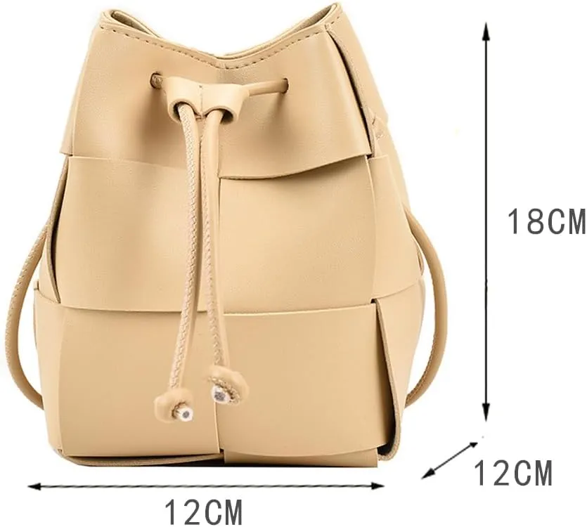 MYSNKU Women's Mini Woven Bucket Bag, Square Lattice Drawstring Leather Small Hobo Handbag Crossbody Handbags Soft Adjustable (Khaki)
