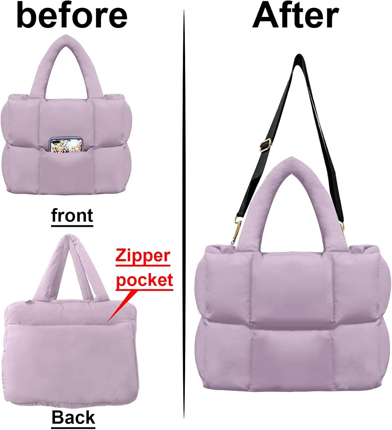 NAARIIAN Puffer Tote Bag for Women, Lightweight Quilted Puffy Shoulder Handbag with Adjustable Shoulder Strap