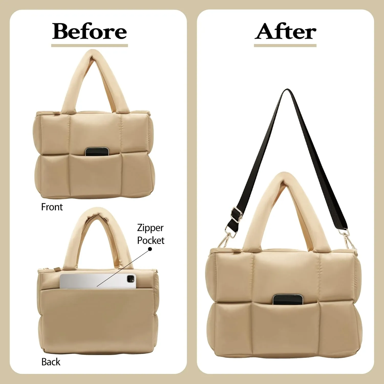 NAARIIAN Puffer Tote Bag for Women, Lightweight Quilted Puffy Shoulder Handbag with Adjustable Shoulder Strap