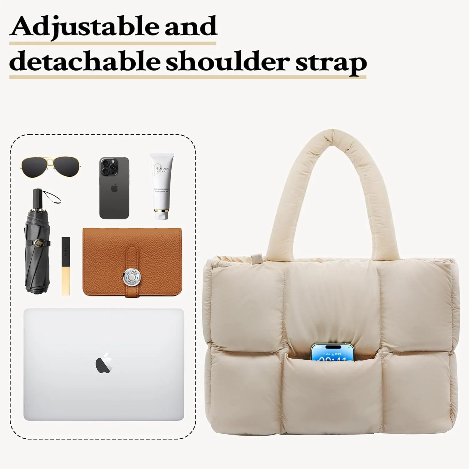 NAARIIAN Puffer Tote Bag for Women, Lightweight Quilted Puffy Shoulder Handbag with Adjustable Shoulder Strap
