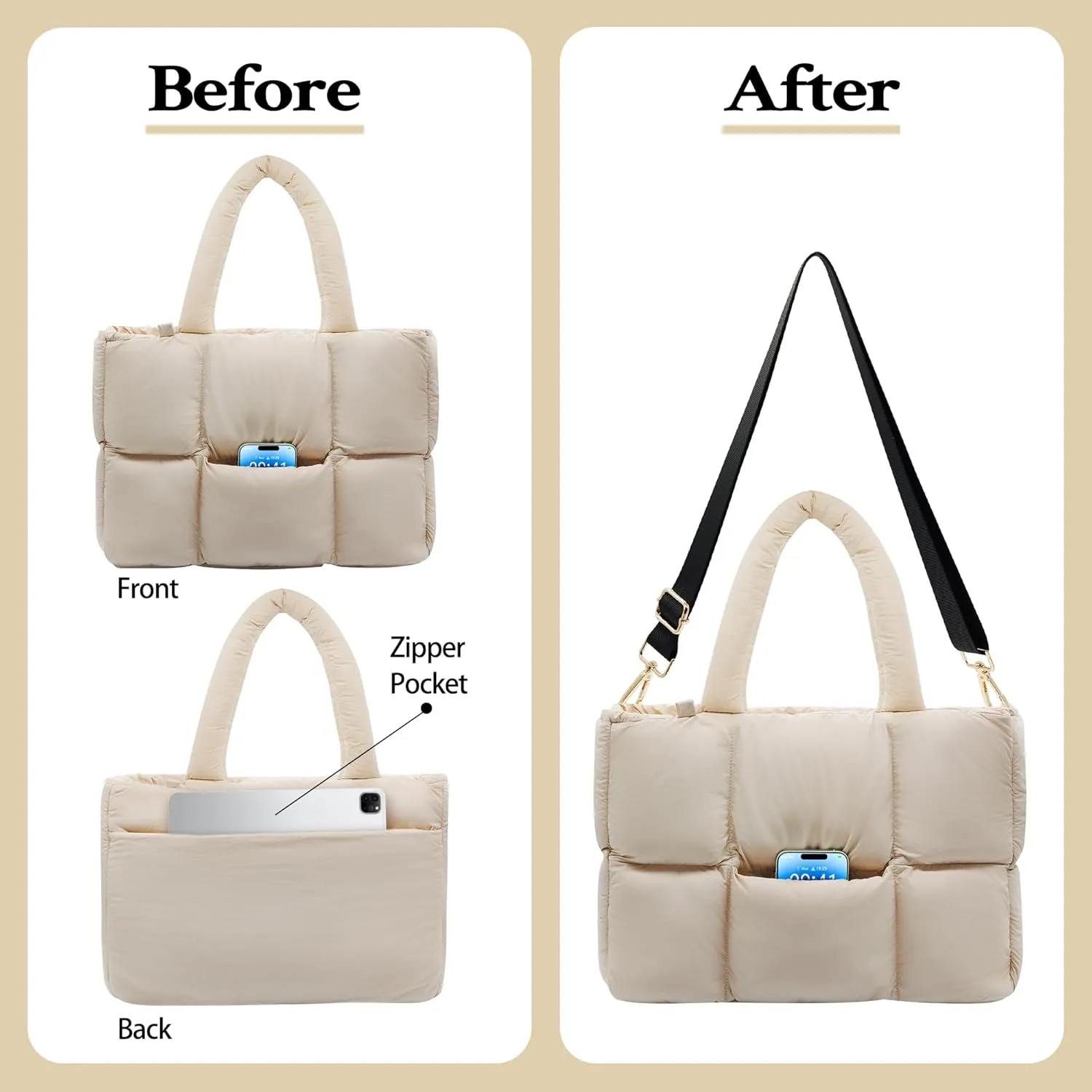 NAARIIAN Puffer Tote Bag for Women, Lightweight Quilted Puffy Shoulder Handbag with Adjustable Shoulder Strap