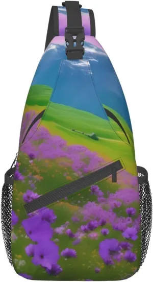 Nature Purple Flowers Meadow Mountain Scenic Crossbody Bags Sling Backpackï¼ŒMultipurpose Cross body Shoulder Bag for Men and Women Chest Bag Travel Hiking Daypack