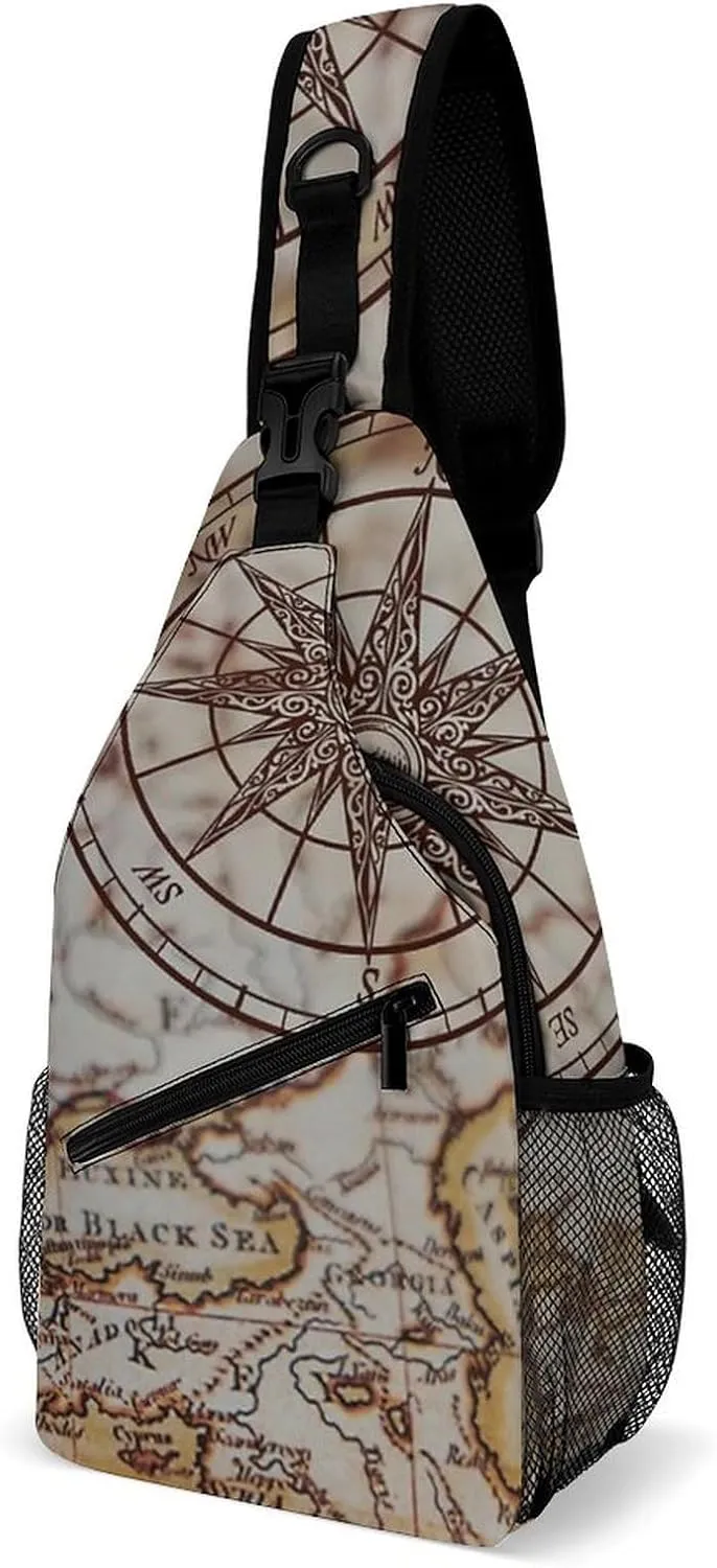 Nautical Sea Map Compass Sailing Ship Sling Bags Men And Women Shoulder Backpack Chest Bag Cross Body Chest Sling Backpack.