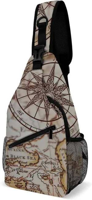 Nautical Sea Map Compass Sailing Ship Sling Bags Men And Women Shoulder Backpack Chest Bag Cross Body Chest Sling Backpack.