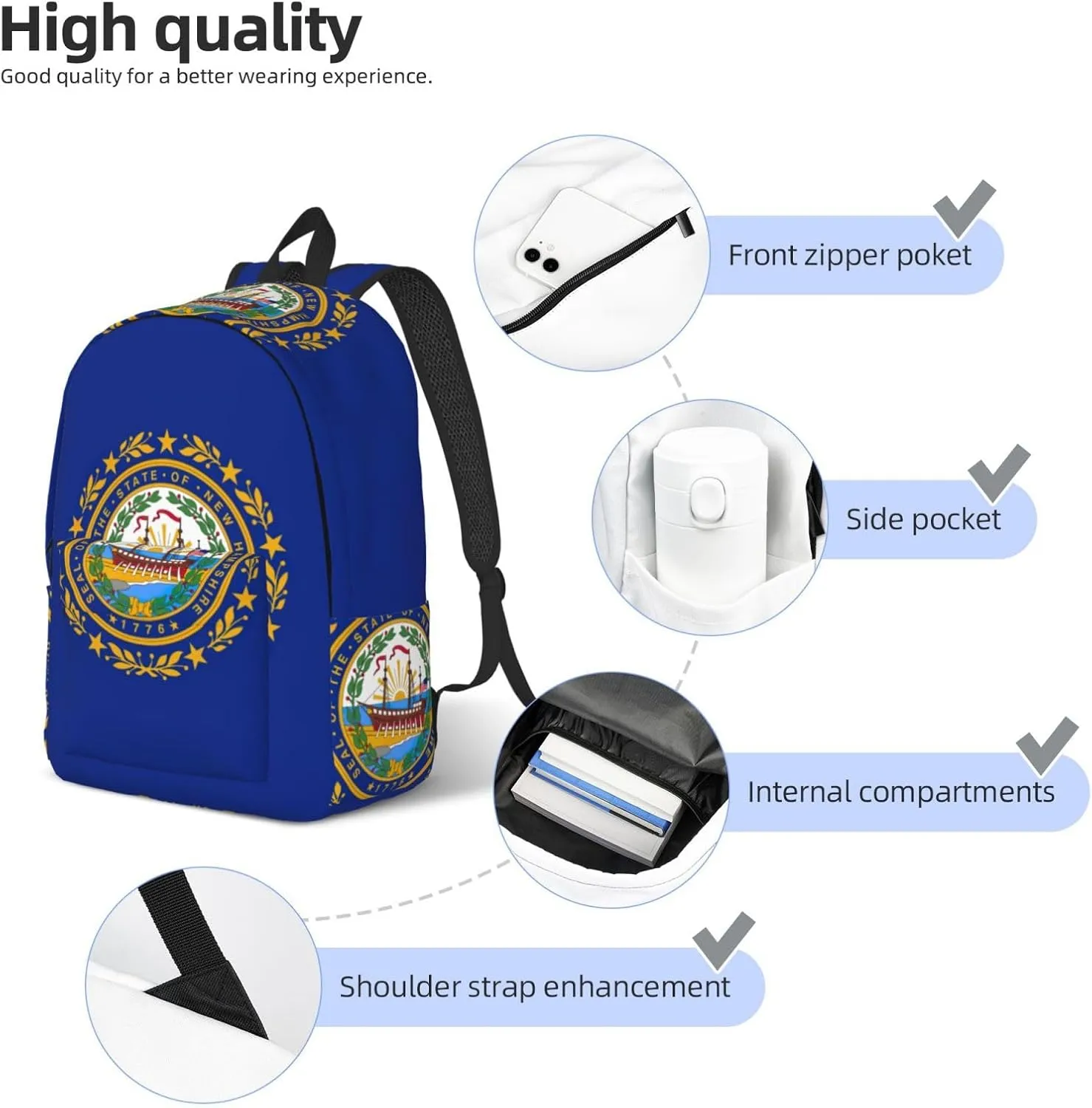 New Hampshire state flag print Hiking Backpack Casual Daypack Outdoor Travel Backpacks Bookbag for Men Women Adult