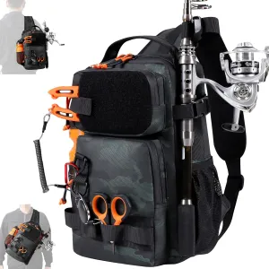 NEW VIEW Fishing Sling Bag, Waterproof Fly Fishing Sling Pack with Rod Holder, Versatile Storage Fishing Bags for Men, Small Shoulder Bag for Streams & Rivers (Camo)