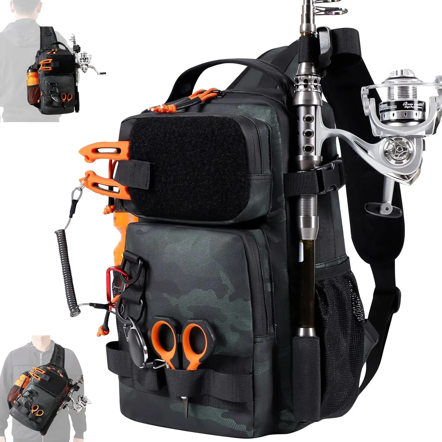 NEW VIEW Fishing Sling Bag, Waterproof Fly Fishing Sling Pack with Rod Holder, Versatile Storage Fishing Bags for Men, Small Shoulder Bag for Streams & Rivers (Camo)