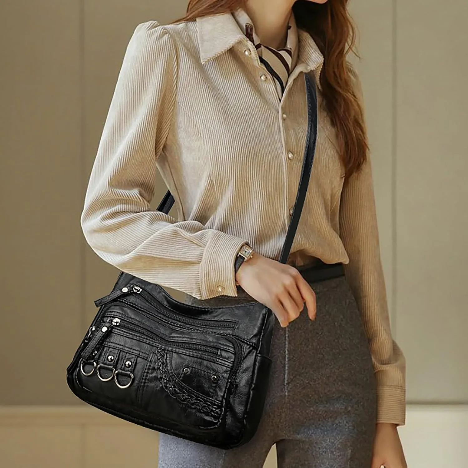 New Vintage Fashionable Large Space Weaving Crossbody Bag Simple And Magnificent Messenger Bag with (Black, One Size)