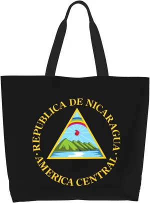 Nicaragua National Emblem Canvas Tote Bags for Women, Ladies Shoulder Handbags Large Purse Lightweight Foldable Reusable Shopping Bag with Pockets for Work, Travel, 15.7x19.7in