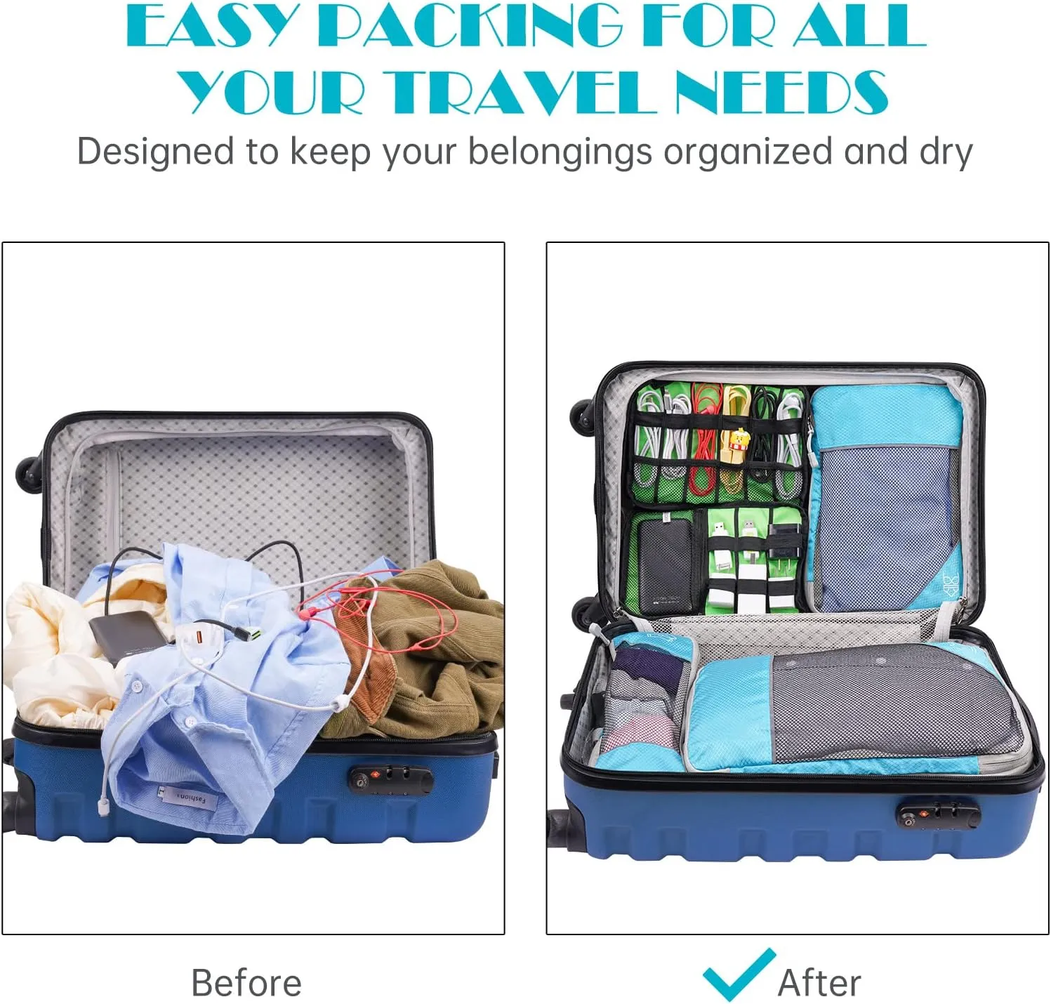 NiHome 7PCS Compression Packing Cube Set Expandable Mesh Travel Bag Luggage Organizers with Electronic Cable Cord Charger Organizer Drawstring Bag for Trip Home Storage Travel Gear Accessories (Blue)